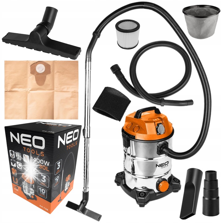 Aspirator industrial cu priza pentru unelte electrice, 30L, 1400W, metalic, pentru uscat si umed