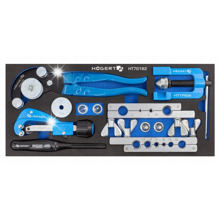 Комплект инструменти за спирачни тръби Hogert HT7G162, 4 части, преса, тестер, скоба, техническа пяна, черно/синьо