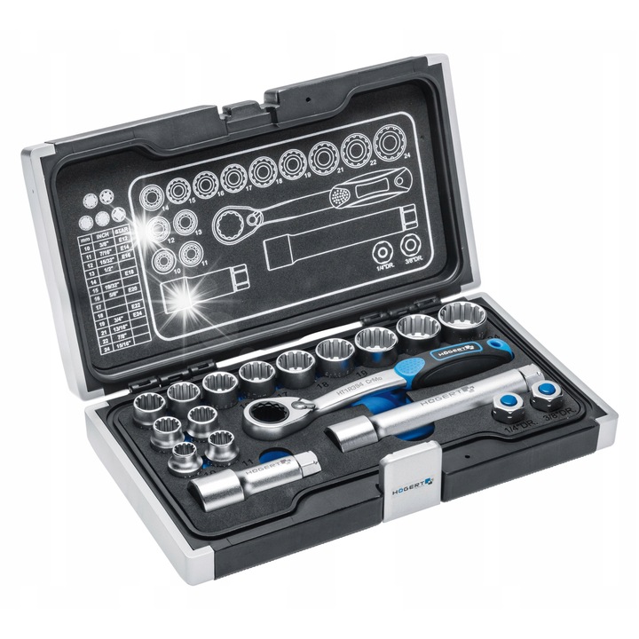 Set nasadki przelotowe cu grzechotka 18 piese, Hogert, 10-24mm, 19mm, cutie metalica