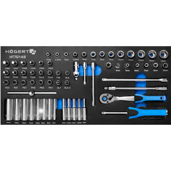Комплект ключове с тресчотка, Hogert HT7G148, 1/4", размери 180x395mm