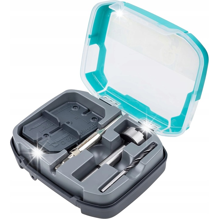 Set montaj balamale 35mm, Wolfcraft, 5 piese, 2 sabloane de gaurire