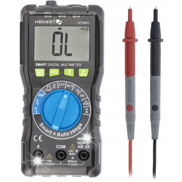 Multimetru digital Hogert HT1E601, masurare AC/DC, capacitate 10A, 600V, cu tehnologie SMART, set cu cabluri de masurare