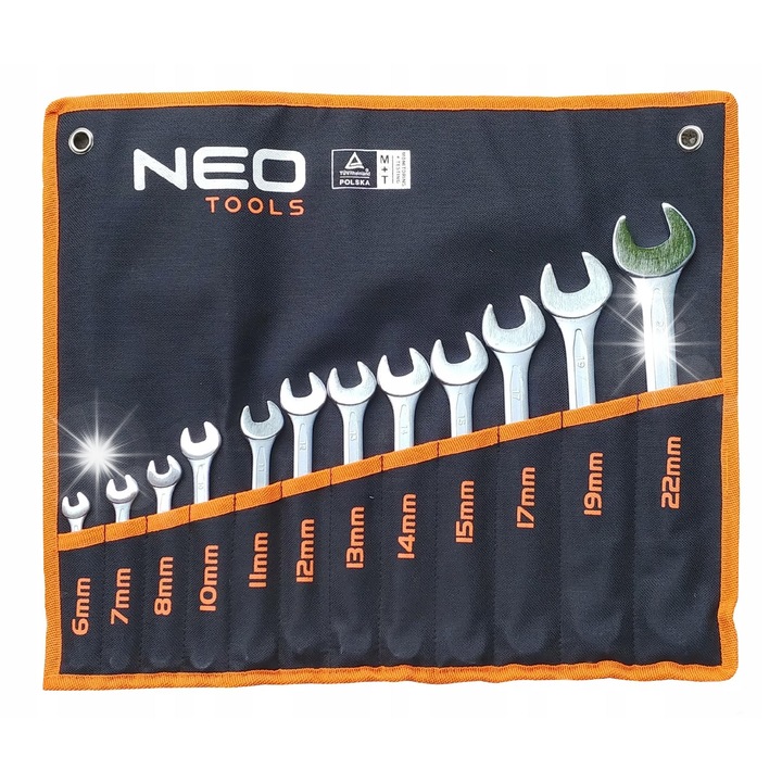 Set chei plasko-oczkowe 12 bucati 6-22mm, Neo Tools, din otel CrV, etui textil