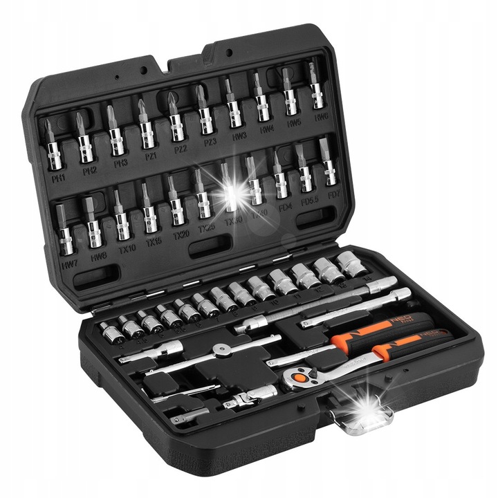 Set chei nasale NEO, 1/4", 46 piese, CrV, dimensiuni 18x6x26.7cm
