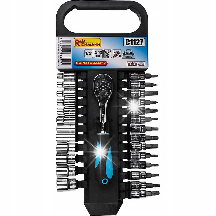 Set 27 piese chei tubulare cu clichet1/4", RICHMANN, crom, rezistent la coroziune, 27 bucati