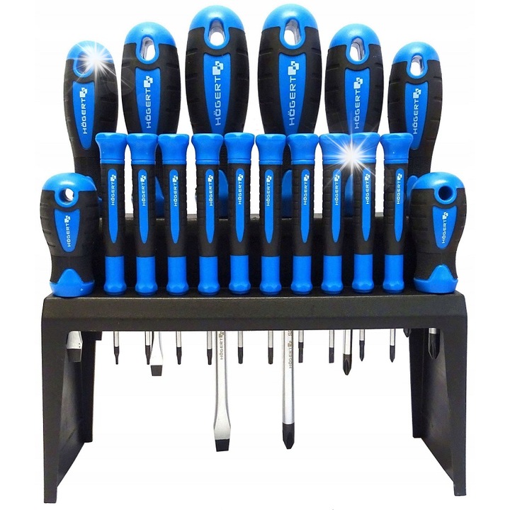 Hogert HT1S098 18 db-os csavarhúzó készlet, S2 acél, csúszásmentes markolat