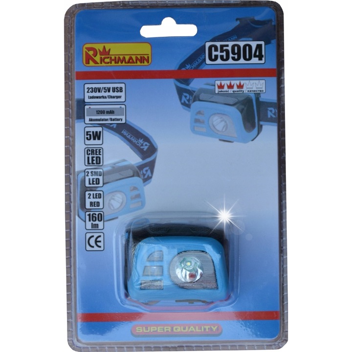 Lanterna frontala LED 5W RICHMANN, 8 moduri de iluminare, culoare neagra, dimensiune universala