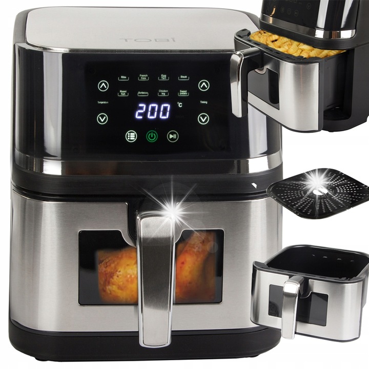 Olaj nélküli fritőz, 2400W, 10L, ezüst, tálcával