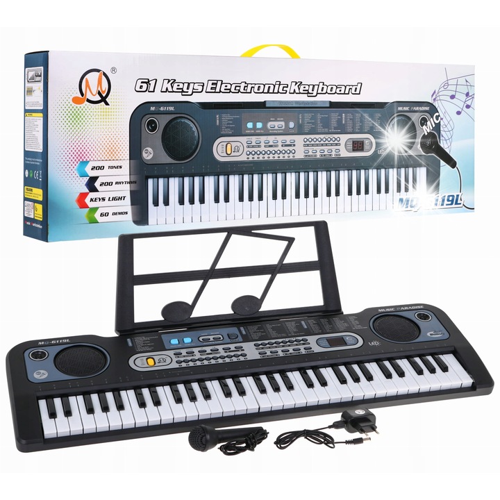 Ramiz MQ-6119L billentyűzet, 61 billentyű, mikrofon, világító billentyűkkel, komplett készlet