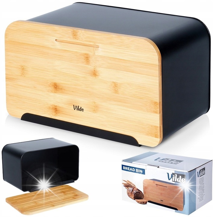 Vilde élelmiszeres doboz, kenyértartó bambusz fedéllel, fekete fém, 35x22x20,5cm