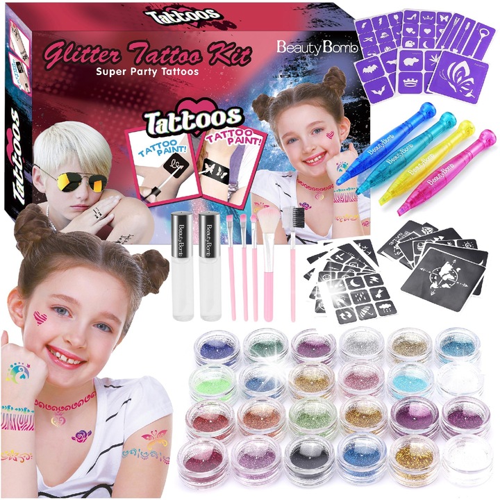 Set tatuaje temporare BeautyBomb, 18 sabloane, 24 brocaturi colorate, 2 fiolki cu lipici, 5 pensule, 4 markere colorate