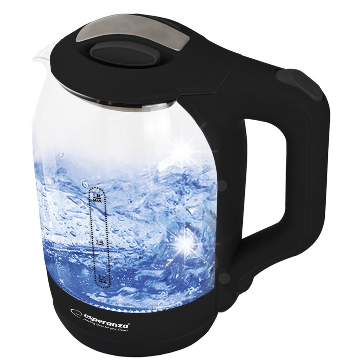 Fierbator electric fara fir Esperanza, 1.7L, 1500W, sticla, iluminare LED, negru si transparent