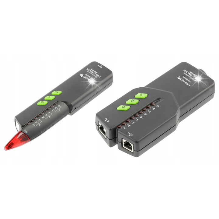Detector cabluri RJ45 RJ11 Hogert Technik, functie NCV, cu lanterna, set cu casti si cablu RJ45 18 cm