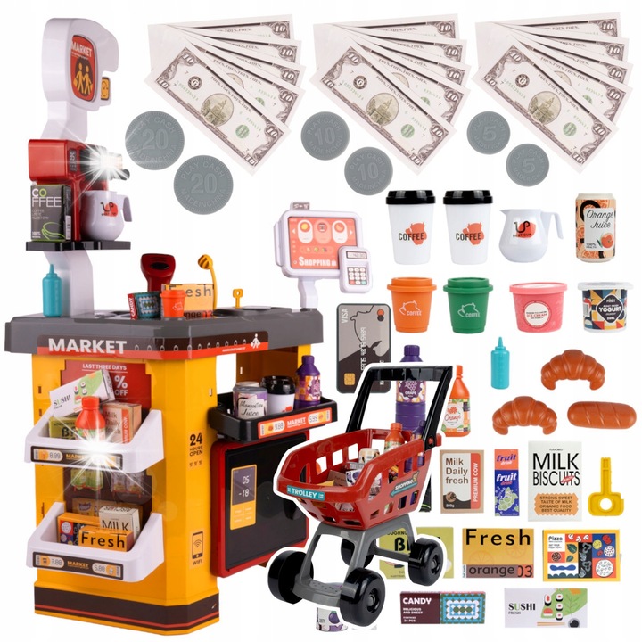 Set supermarket interactiv cu frigider, terminal de plata, scanner coduri, 34x21x41cm, multicolor
