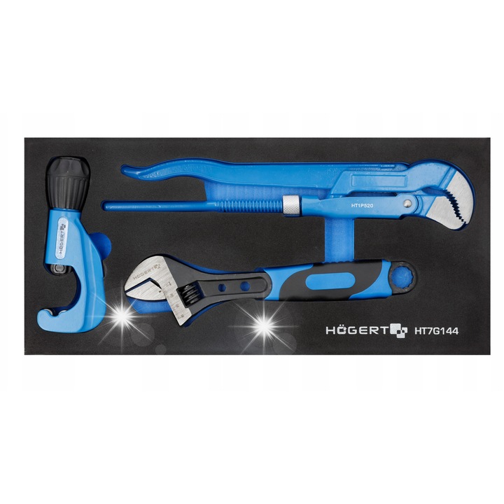 Set 3 unelte Hogert, cheie pentru tevi 1"-320mm, cheie reglabila 250mm, otel crom-vanadiu
