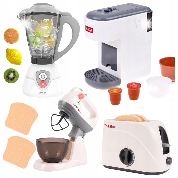 Interaktív AGD készlet gyerekeknek, Álló, turmixgép, mixer, kenyérpirító, eszpresszógép, többszínű