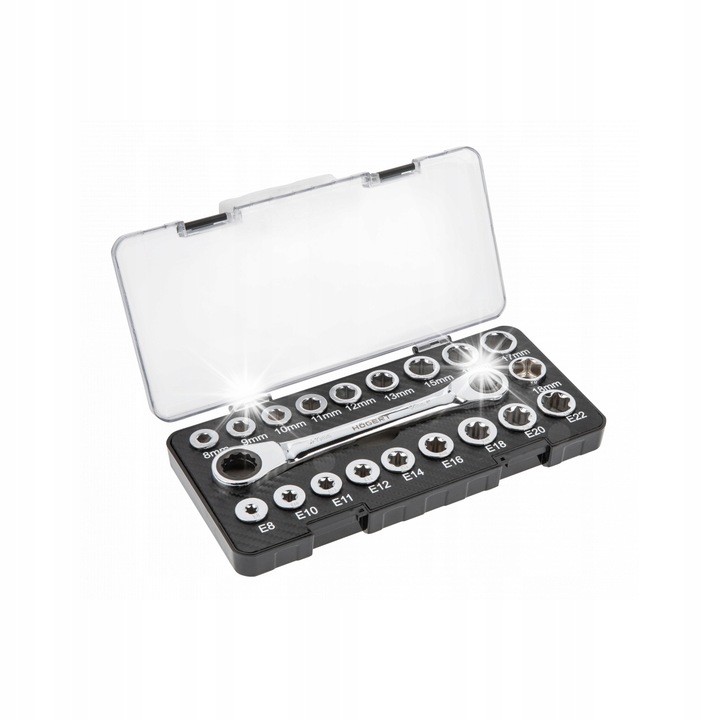 Set 20 chei cu clichet si capete, Hogert Technik, 14-19mm, 8-18mm, CrV, argintiu