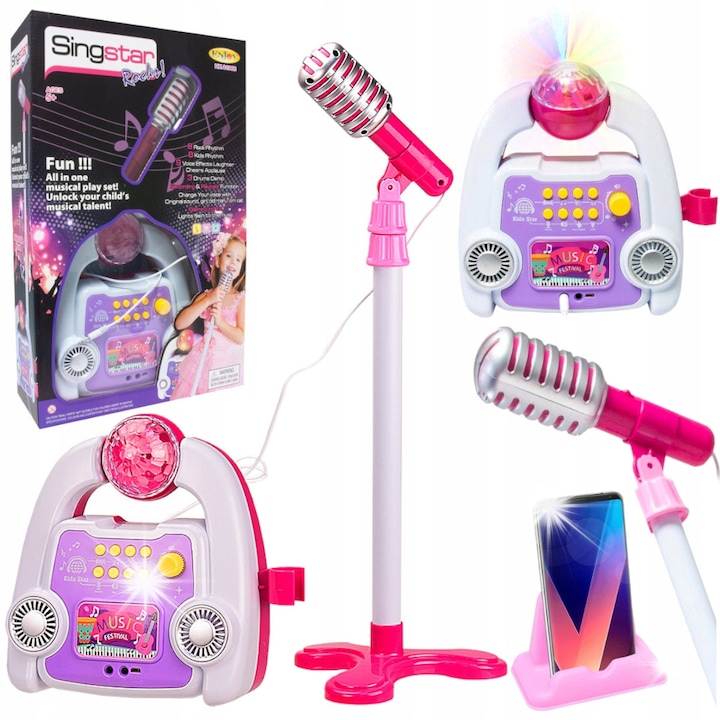 SINGSTAR gyerek karaoke szett, mikrofon állítható állvánnyal 55-88 cm, MP3 szintetizátor LED-del, többszínű