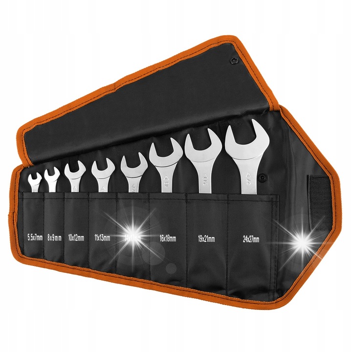 Set 8 chei plate duble, NEO, 5.5-27mm, negru/argintiu