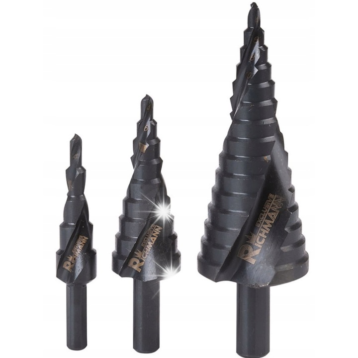 Set de wiertle stopniowe RICHMANN 4-32 mm, 3 bucati, HSS, TiAlN, lungime 40-100 mm