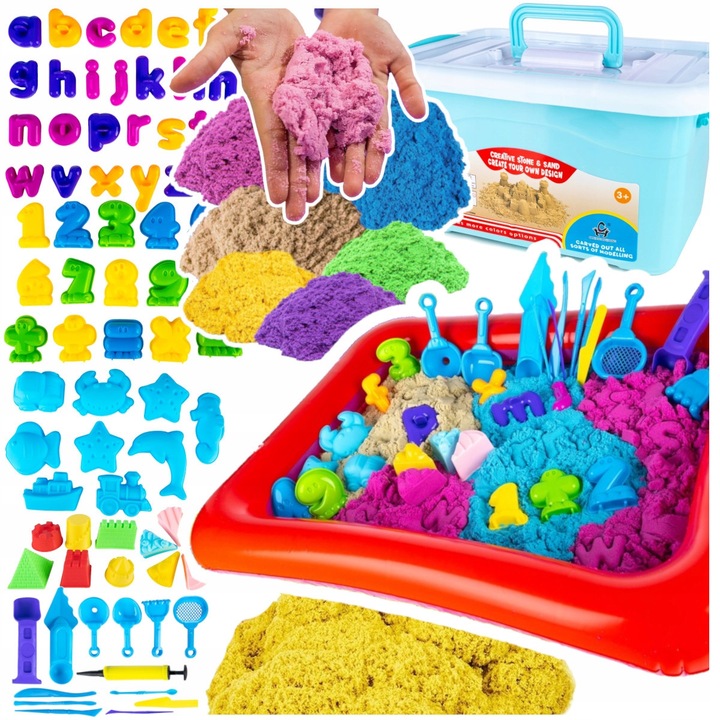 Комплект кинетичен пясък 4,5 кг, статор, 21 форми, 12 инструмента, 7 цвята, надуваем басейн