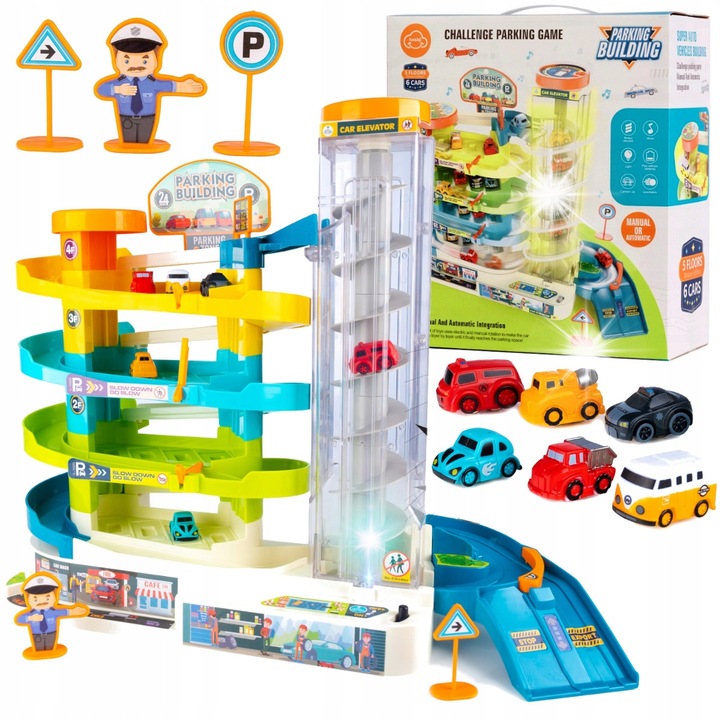 Garaj cu 5 niveluri, Stator, cu lift electric, muzica, efecte luminoase, 6 masinute, 42x34,5x13cm