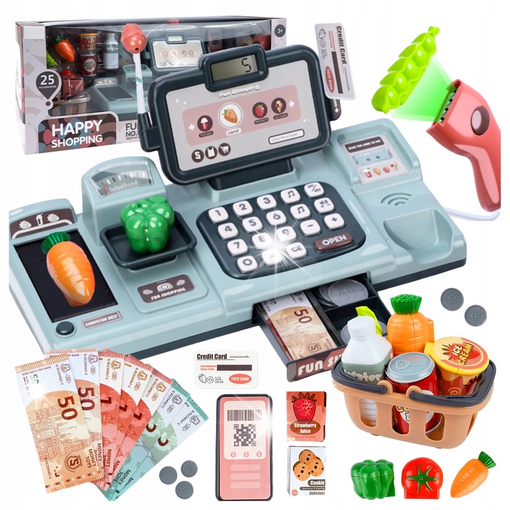 Stator interaktív pénztárgép gyerekeknek, teljes szett szkennerrel, mikrofonnal, 25 kiegészítővel, 32,5x15x15cm, többszínű