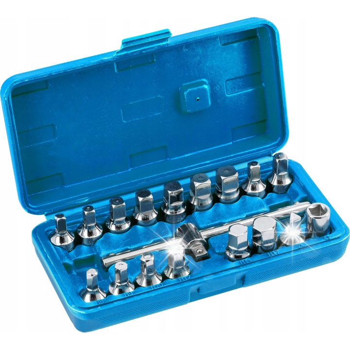 Set 18 chei pentru scurgerea uleiului Hogert Technik, otel crom-vanadiu, argintiu/albastru