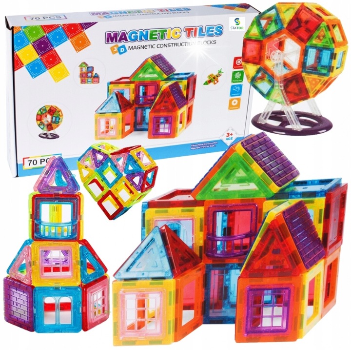 Образователен конструктор със 70 магнитни блокчета, Stator, 3D, пластмаса, многоцветен