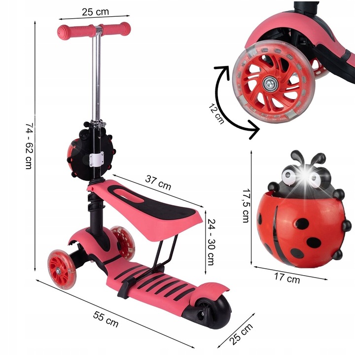 Gyermek roller, Stator, 2az1-ben, LED, Többszínű
