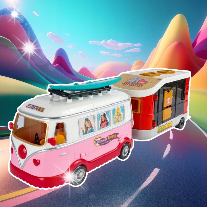 Set Kamper pentru papusi cu remorca, Stator, roz, 44cm, include 2 papusi si accesorii