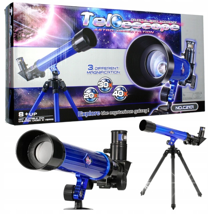 Set telescop astronomic pentru copii, Stator, 3 oculare 20x, 30x, 40x, negru-albastru, 40x10x5,3cm