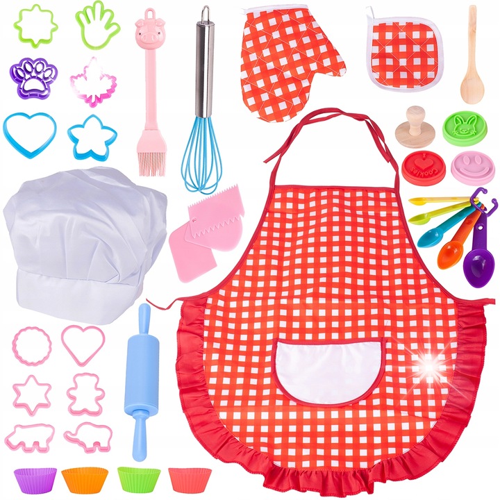 Set de bucatarie pentru copii Junior Chef, 36 elemente, cu sort si boneta, multicolor, pentru varsta de peste 3 ani