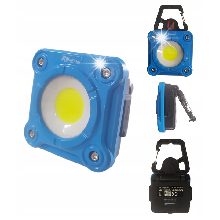 Lampa halogena RICHMANN 10W LED 1000lm, dimensiuni 82x82x40mm, acumulator 2000mAh, set cu cablu USB-C