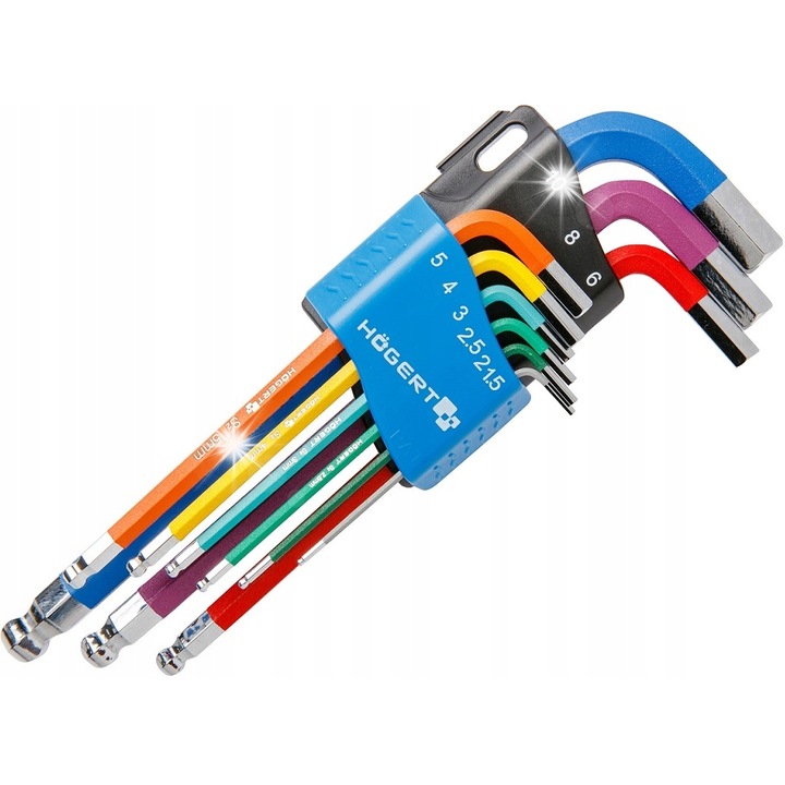 Set chei imbus cu cap rotund 9 piese, Hogert Technik, dimensiuni 1.5-10mm, colorate