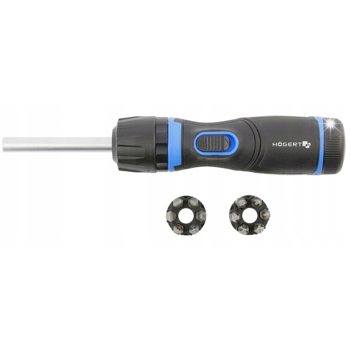 Csavarhúzó 1:5 áttétellel, Hoegert HT1S216, 13 darabos készlet, S2 acél fejek, forgatható markolat