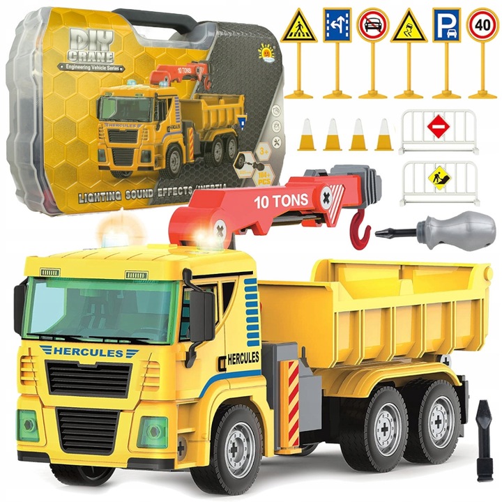 Camion de constructie cu macara mobila, Stator, 104 piese, efecte sonore si lumini, 27x8,5x13cm