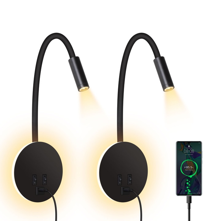 Lampă de citit montată pe perete, Homkel, 3W + 8W, neagră, set 2 bucăți