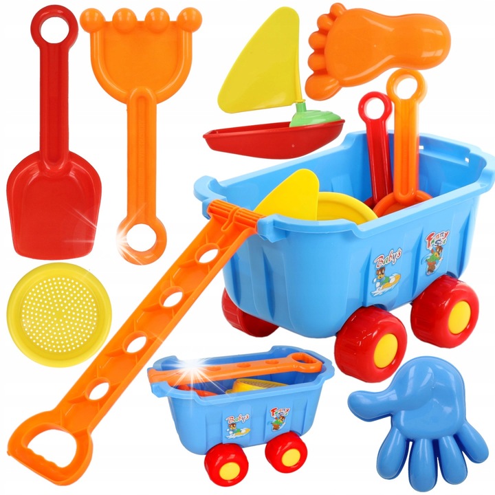 Set jucarii pentru nisip Stator, 8 piese, carut cu roti, lopata, grebla, forme, colorat, 35x22x22cm