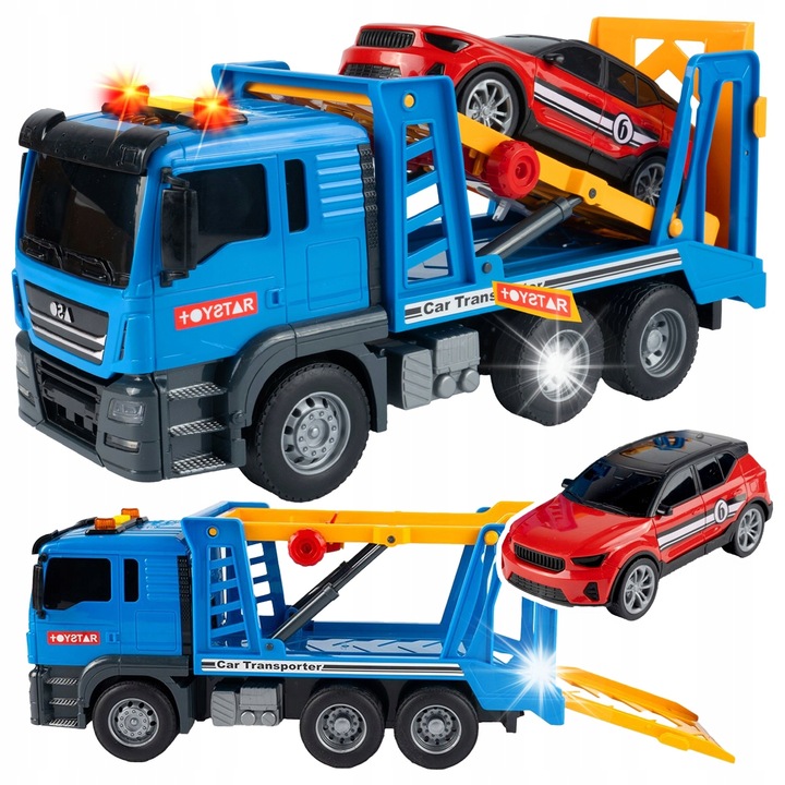 Camion de asistenta rutiera Stator, remorca cu efecte sonore si luminoase, 9x25,5x11,6cm, include masinuta suplimentara