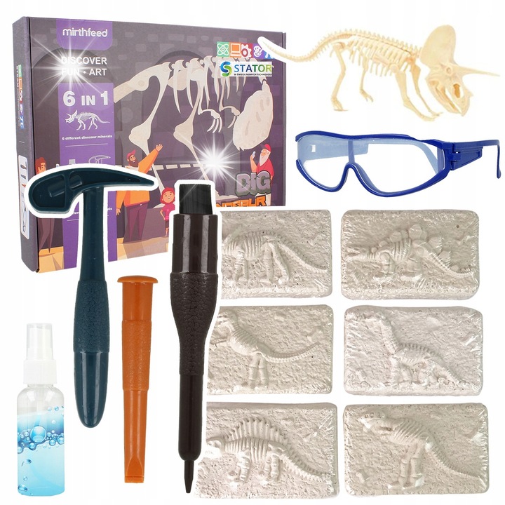 Set de Excavare Dinozauri 6 in 1, Stator, 6 schelete, unelte incluse, 8,5x5,5x3cm