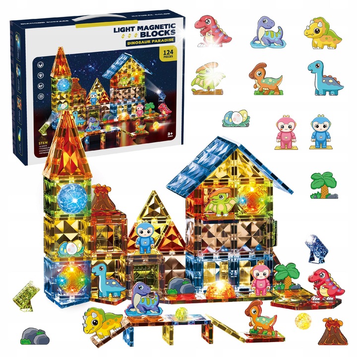 Магнитен конструктор за деца, click4TOYS, Динозаври, 124 елемента, с LED светлинни ефекти, многоцветен