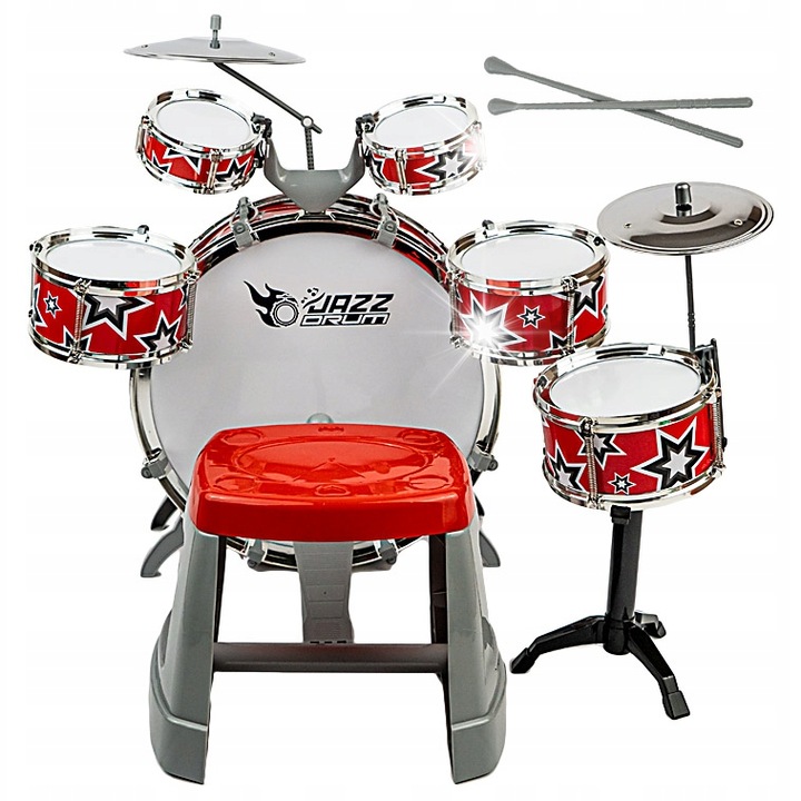 Set percutie pentru copii, click4TOYS, 6 toba + 2 talere + pedala + taburet, multicolor, 3 ani+