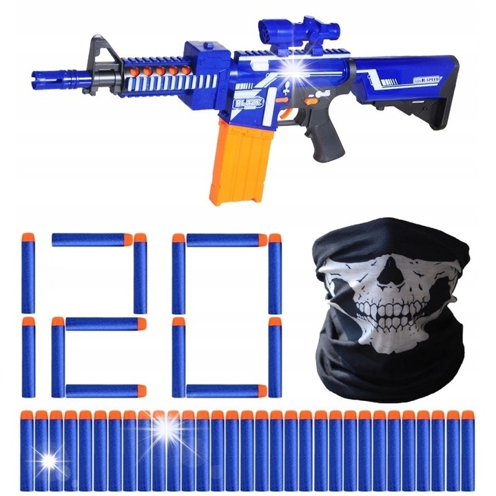 Carabina automata Click4Toys, Blaze Storm, set cu 120 de proiectile din spuma si bandana, 71,5x30,5x6cm