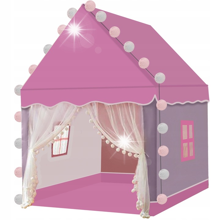 Cort pentru copii Kruzzel, roz-alb, cu 20 lampi LED, 130x100x115cm, set complet