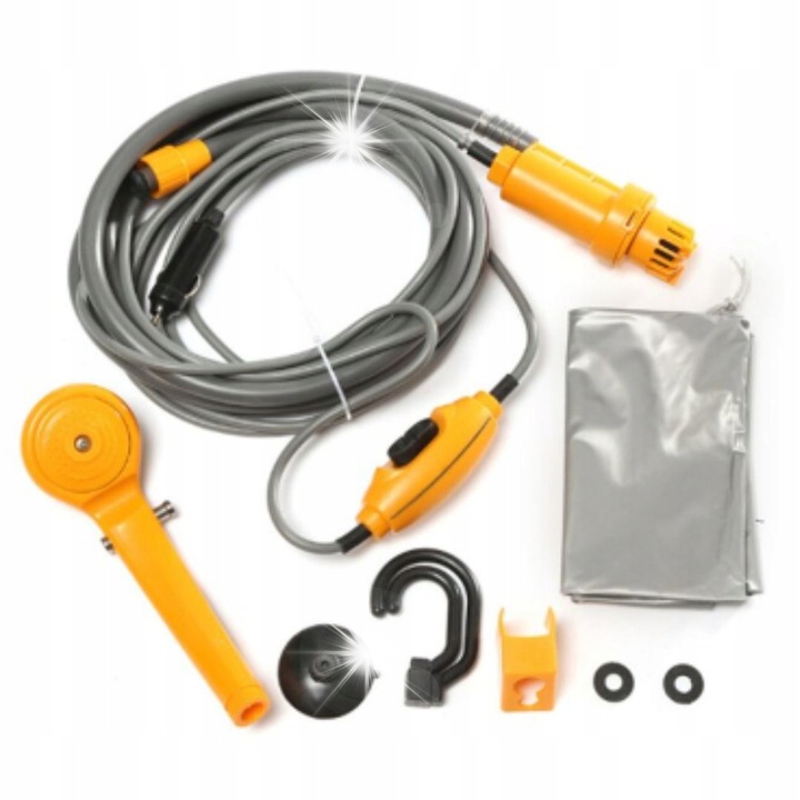 Dus turistic portabil 12V, Ikonka, pentru camping, usor de transportat, cu suport pentru dus, dimensiuni compacte