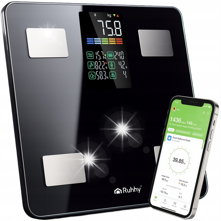 Кантар за тяло Ruhhy, аналитичен модел, капацитет 226 кг, електронен, с анализ на тялото