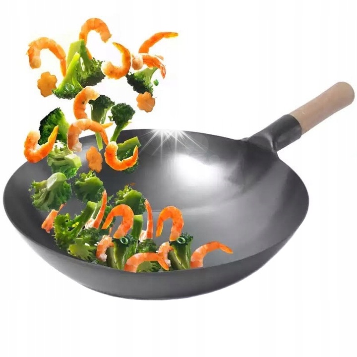 Wok din otel carbon cu maner din lemn, 30cm, set