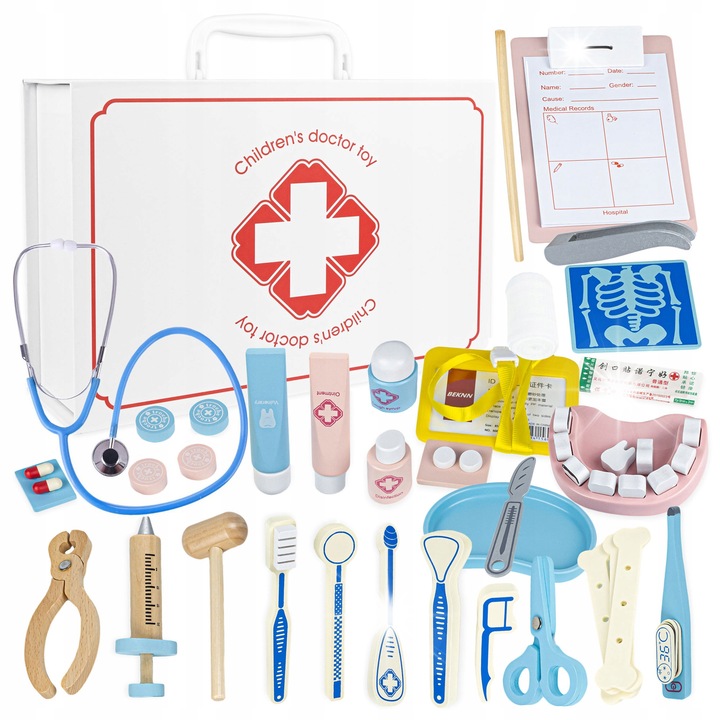 Set joaca doctor Click4TOYS, 26x18x8cm, multicolor, din lemn si plastic