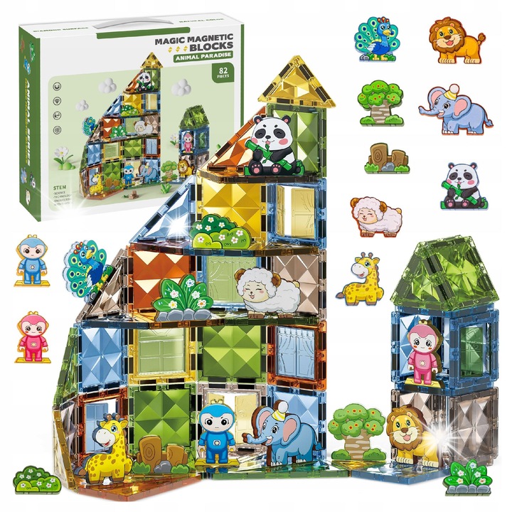 Set de constructie click4TOYS, KLOCKI MAGNETICE ANIMAL PARADISE ZOO, 82 elemente, multicolor, 3+ ani